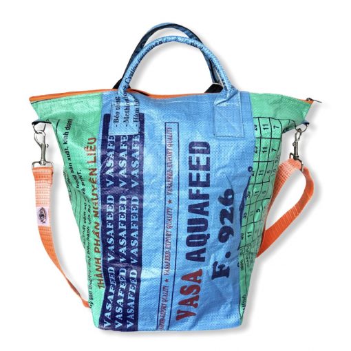 Beadbags Universaltasche _ Wäschesack aus recycelten Reissack mit Tampenjangurt in grün blau hinten