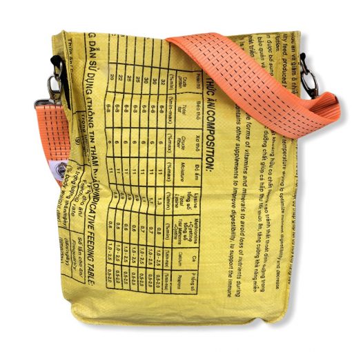 Einkaufstasche aus recycelten Reissack mit Schultergurt aus recycelten Spanngurten in gelb mit orange | Beadbags
