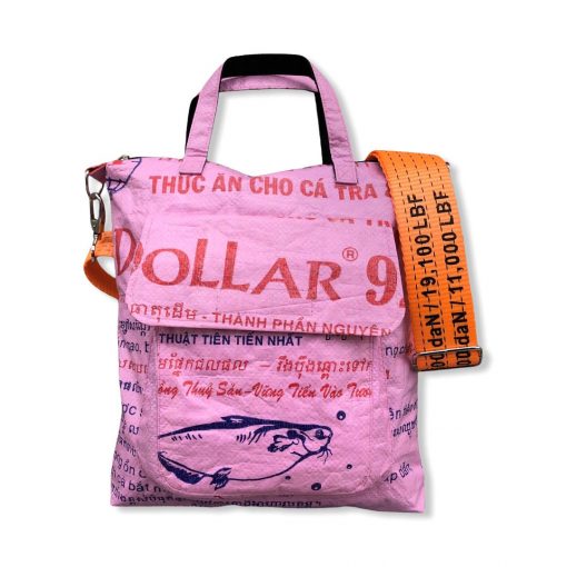 Tragetasche aus recycelten Reissack mit Schultergurt aus recycelten Spanngurt in rosa mit orange | Beadbags