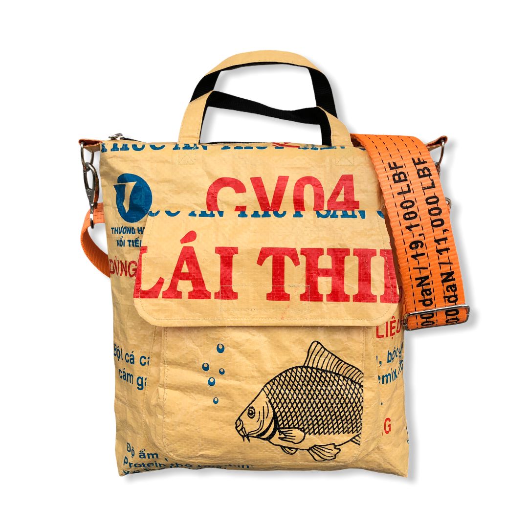 Tragetasche mit Hochseegurt aus recycelten Reissack in gelb