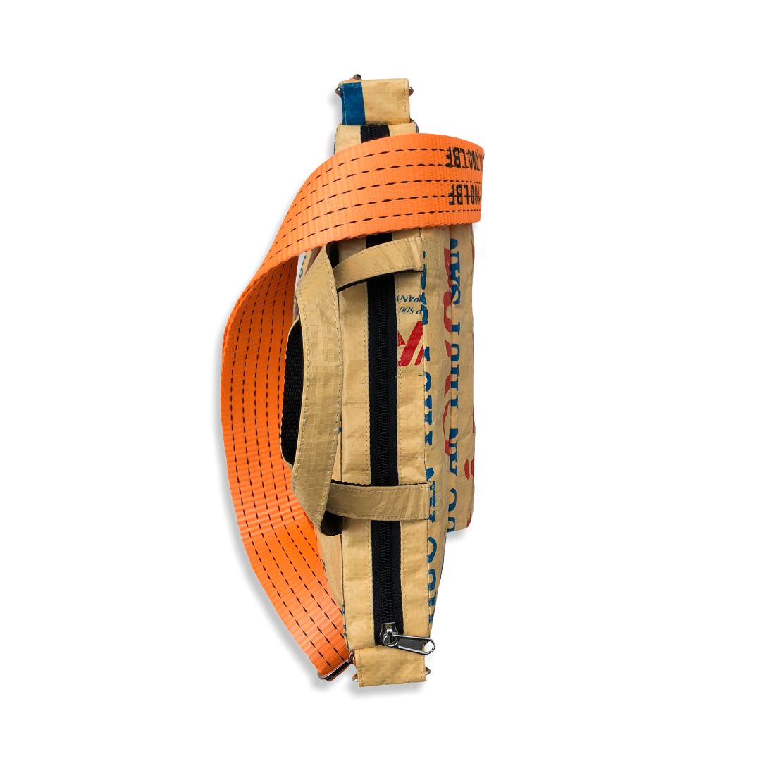 Tragetasche mit Hochseegurt aus recycelten Reissack in gelb