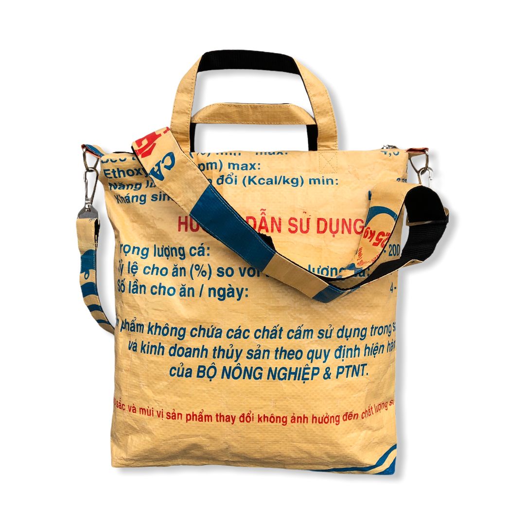 Tragetasche mit Schultergurt aus recycelten Reissack in gelb | Beadbags