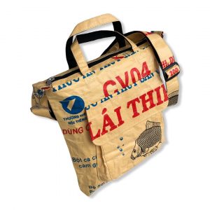 Tragetasche mit Schultergurt aus recycelten Reissack in gelb | Beadbags