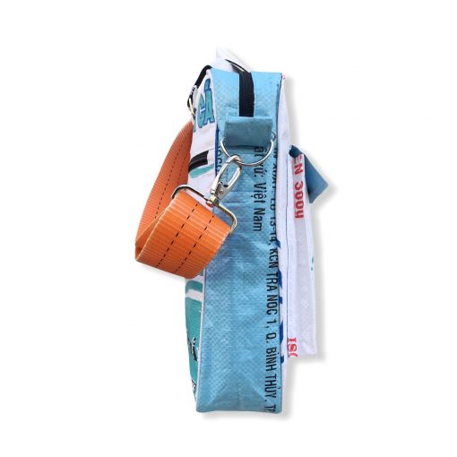 Tragetasche Twin Pockets aus recycelten Reissack mit Hochsee Schultergurt in weiß hellblau mit orange | Beadbags