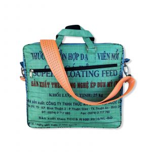 Tragetasche Twin Pockets aus recycelten Reissack mit Hochsee Schultergurt in mittelgrün dunkelblau mit orange | Beadbags