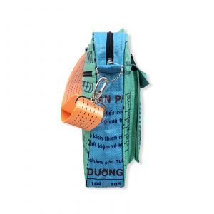 Tragetasche Twin Pockets aus recycelten Reissack mit Hochsee Schultergurt in mittelgrün dunkelblau mit orange | Beadbags