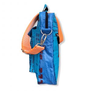 Tragetasche Twin Pockets aus recycelten Reissack mit Hochsee Schultergurt in mittelblau dunkelblau mit orange | Beadbags