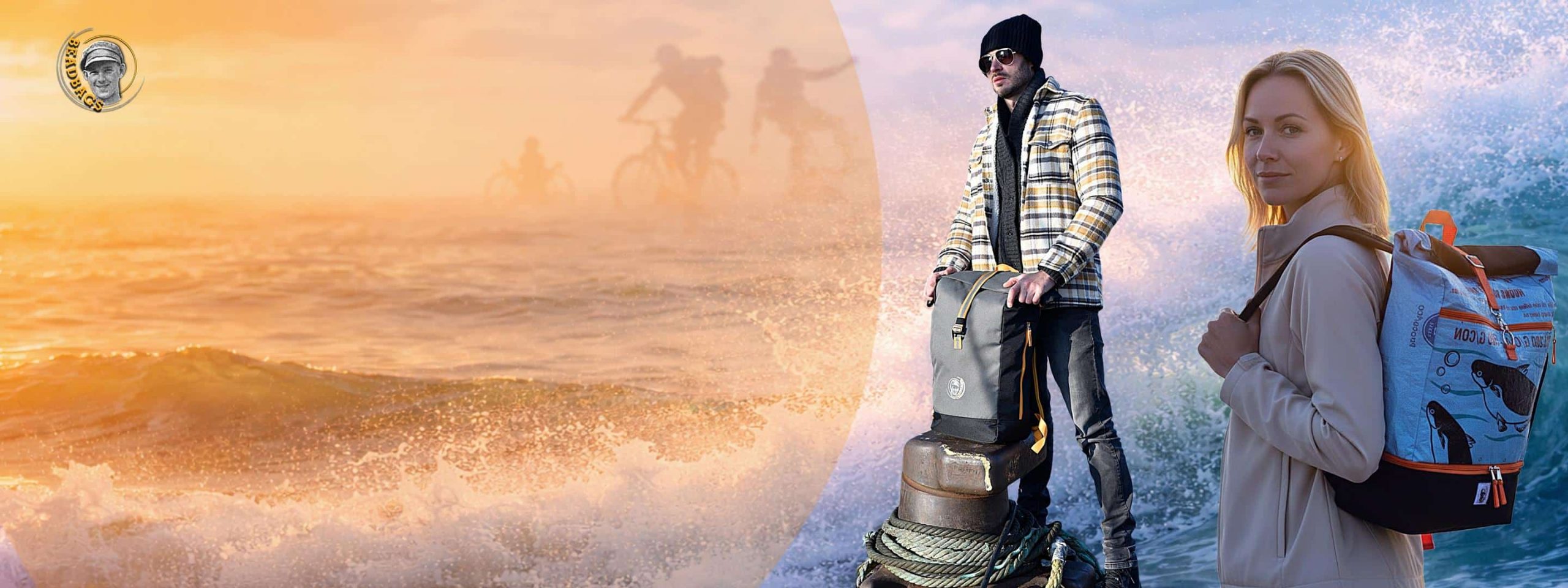 Banner Desktop Rucksack Frau und Mann am Meer